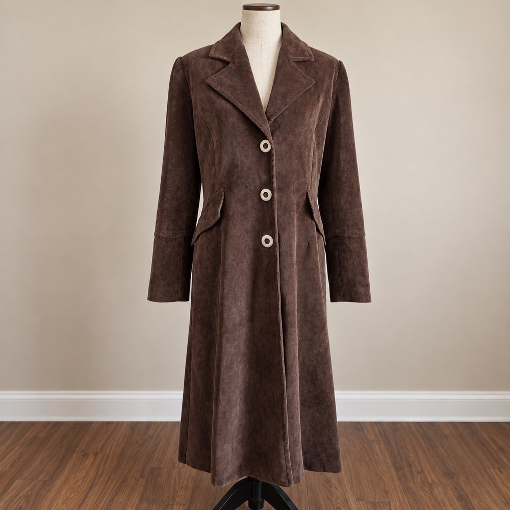 Vintage Brown Corduroy Maxi Coat M Y2K Old Money Equestrian Removable Back Rare